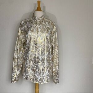 Consequence Men's White Metallic Gold Foil Paisley Collared Button Shirt Size M